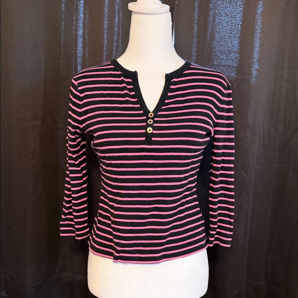 Lauren Ralph Lauren Black & Pink Striped Long Sleeve Henley